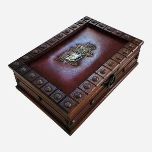 Vintage Wood Brass Leather Jewelry Box 10” Mini Chest Storage Case Velvet Lined